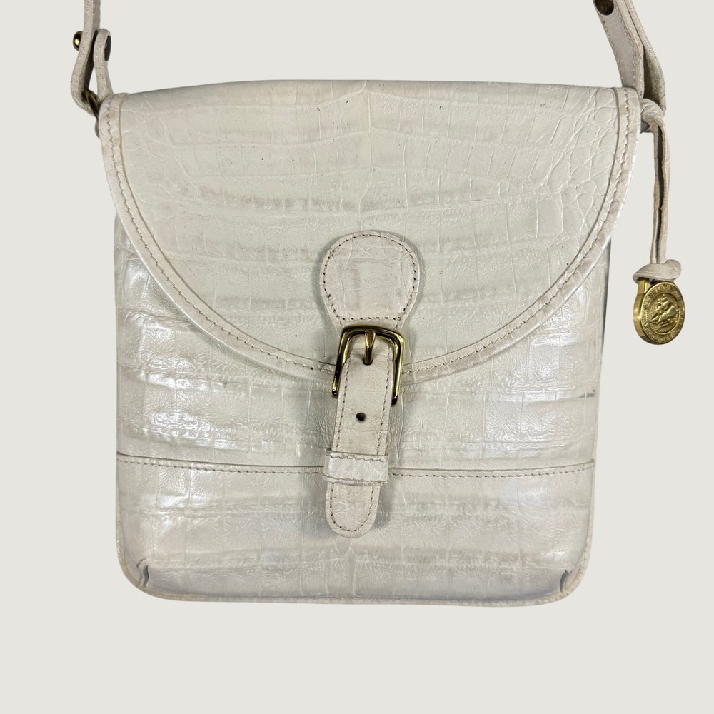 Vintage Brahmin USA Cream Croc Embossed Leather Crossbody Bag Brass Medallion - Picture 6 of 15